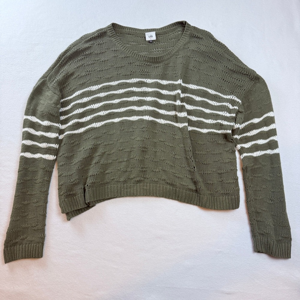 Cabi Striped Open Knit Sweater Womens Large Olive Green White Oversized Beachy